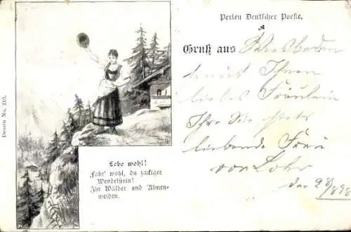 Litho Frau in Volkstracht winkt zum Abschied, Lebe wohl