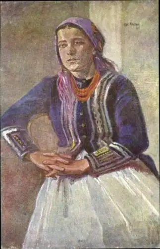 Künstler Ak Haneman, M., Nachdenkliche Frau, Gemaltes Porträt