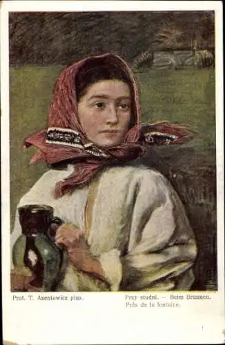Künstler Ak Axentowicz, T., Beim Brunnen, Frau mit rotem Kopftuch, Wasserkrug