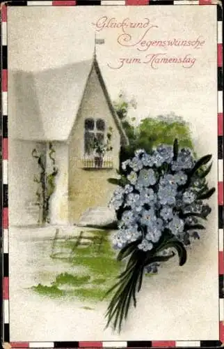 Ak Reichsfeld Elsass Bas Rhin, Vorderseite einer Postkarte mit einem Haus und Vergissmeinnicht.