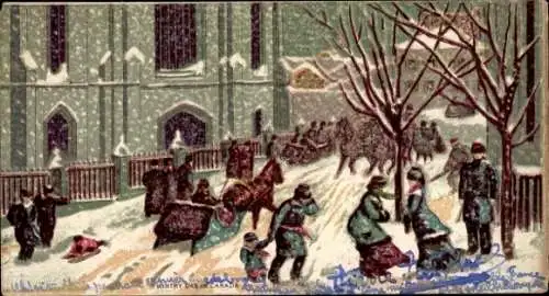 Ak Banff Alberta Kanada, Verschneite Straßenszene mit Menschen, Pferden und Schlitten