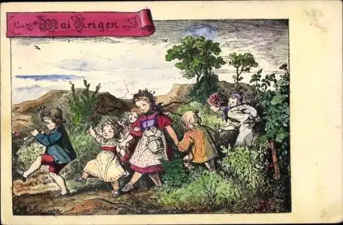 Künstler Ak Richter, L., Mai, Marschierende Kinder, Junge spielt Flöte