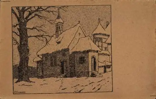 Künstler Ak Kirche, Baum, Winter, Schnee