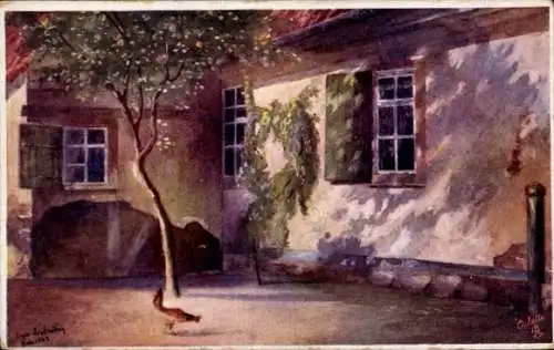 Künstler Ak Wohnhaus, Hof, Henne, Blühender Baum
