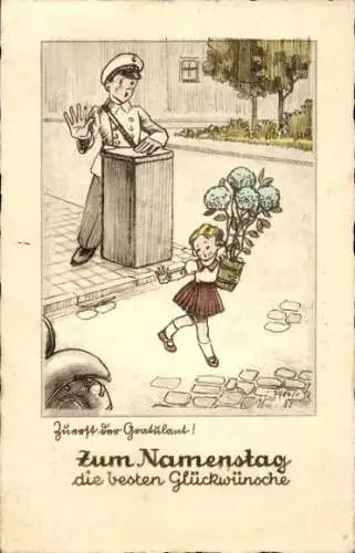 Ak Glückwunsch Namenstag, Mädchen mit Blumenstrauß, Polizist, Auto