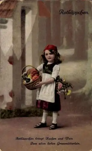 Ak Rotkäppchen mit Kuchenkorb vor einem Haus.