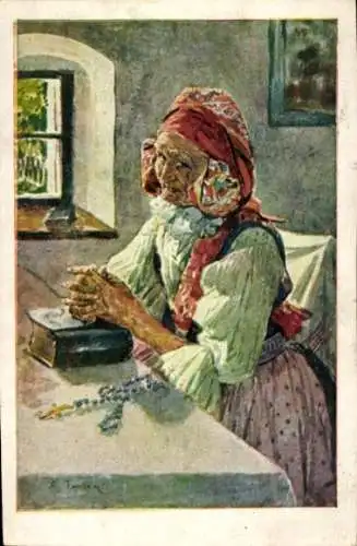 Künstler Ak Frolka, A., Alte Dame in Tracht, Gebet, Rosenkranz
