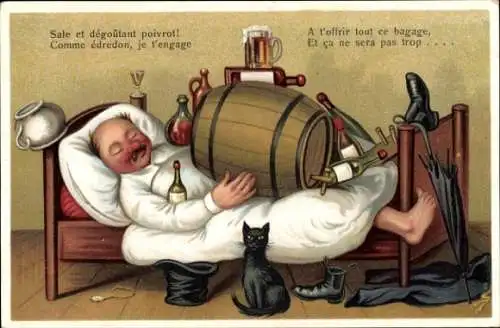 Ak Betrunkener Mann schläft mit Fass im Bett, Schwarze Katze