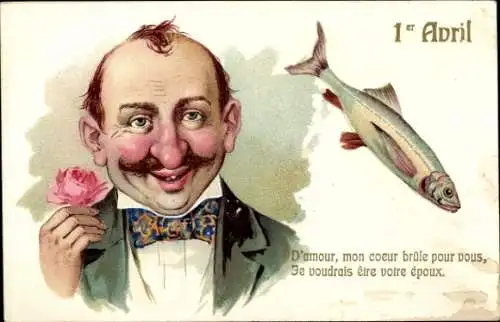 Ak Glückwunsch 1. April, Mann mit Rose, Fisch