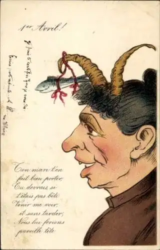 Ak Glückwunsch 1. April, Frau mit Hörnern, Fisch