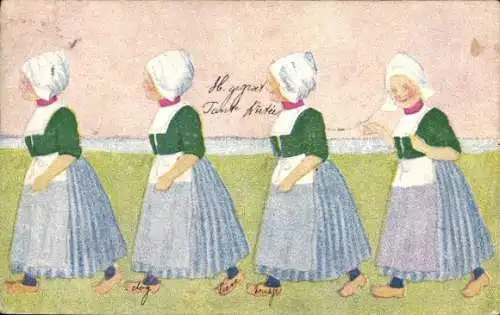 Ak Holland Michigan USA, 4 Frauen in traditioneller Tracht gehen nebeneinander her.