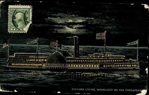 Mondschein Ak Virginia USA, Raddampfer Louise bei Mondenschein auf dem Chesapeake