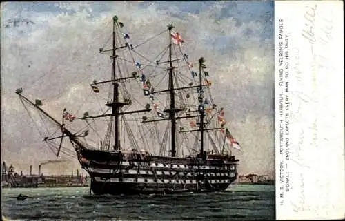 Ak Portsmouth Hampshire England, H.M.S. Victory, Portsmouth Harbour. Flying Nelson's famous si...