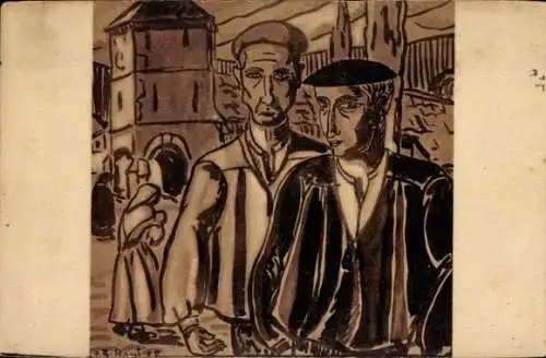 Ak Saint Jean de Luz Pyrénées Atlantiques, Zeichnung von zwei baskischen Männern mit Barett vo...