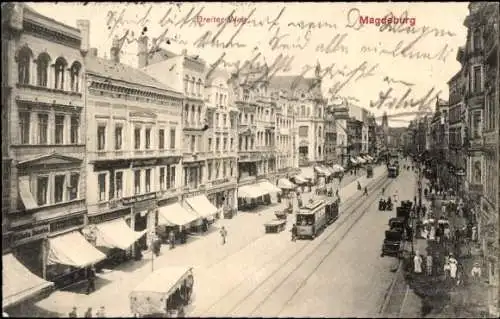 Ak Magdeburg an der Elbe, Breiteweg, Passanten, Straßenbahn, Geschäfte