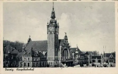 Ak Gdańsk Danzig, Hauptbahnhof, Uhrenturm, historische Architektur, Stadtansicht