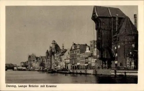 Ak Gdańsk Danzig,  Lange Brücke, Krantor, historische Gebäude, Wasserstraße