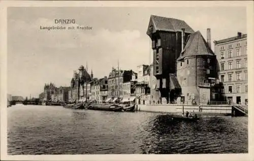 Ak Gdańsk Danzig, Lange Brücke, Krantor, historische Architektur am Wasser