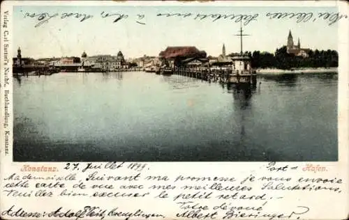 Ak Konstanz am Bodensee, Hafenansicht, Wasser, Boote, Gebäude, Berge, Urlaubskarte