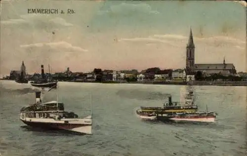Ak Hoch Elten Emmerich am Rhein, Veranschaulicht  zwei Schiffe, Kirche im Hintergrund