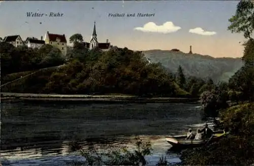 Ak Wetter an der Ruhr, Landschaft mit Fluss, Häusern und Kirche, idyllische Szene, Bootsfahrer