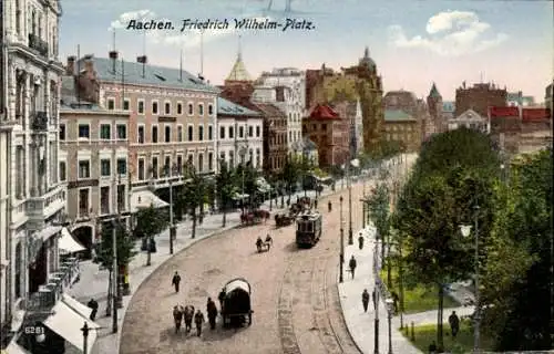 Ak Aachen, Friedrich Wilhelm-Platz, Straßenansicht, historische Gebäude, Straßenbahn