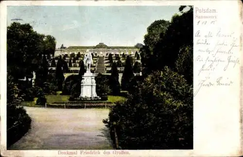 Ak Potsdam Sanssouci, Denkmal Friedrich des Großen, Sanssouci, Gartenanlage, Statue