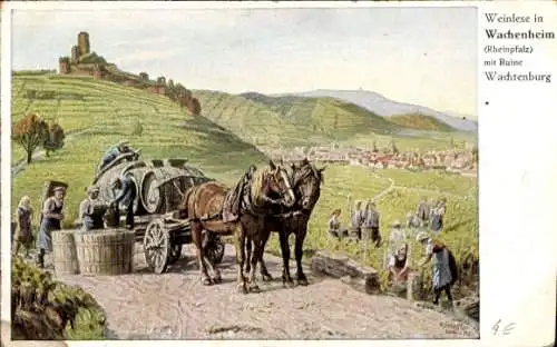 Künstler Ak Strieffler, H., Wachenheim an der Pfrimm, Weinlese, Ruine Wachtenburg