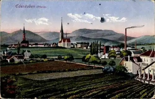 Ak Edenkoben im Kreis Südliche Weinstraße, Ortschaft mit Kirchen und Umgebung