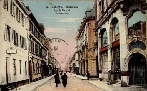 Ak Landau in der Pfalz, Stadtansicht, Markstraße, gezeichnete Menschen, historische Architektur