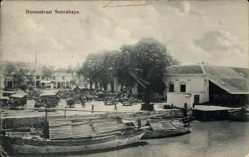 Ak Soerabaja Surabaya Java Indonesien, Boomstraat, Boote, Kutschen