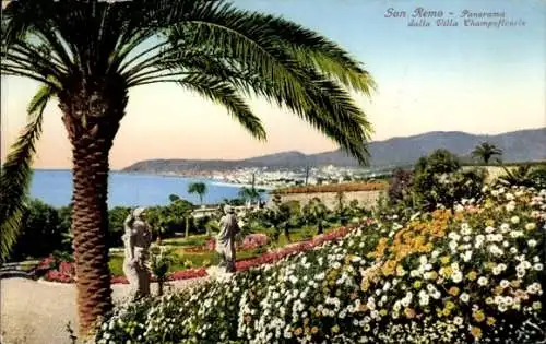 Ak San Remo Ligurien, Palmbaum, Blumenbeet, Küstenpanorama, Statue, Villa Champsfleuris, Meer