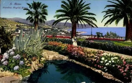 Ak San Remo Ligurien, Giardino Regina Elena, Pflanzen, Palmen, Blick auf das Meer, Landschaft