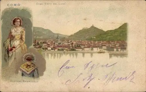 Ak Como Lombardia, Blick auf den See, Dame in Tracht, Stadtansicht