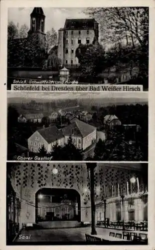Ak Dresden Schönfeld, Schloss, Schwanteich, Kirche, Oberer Gasthof, Saal