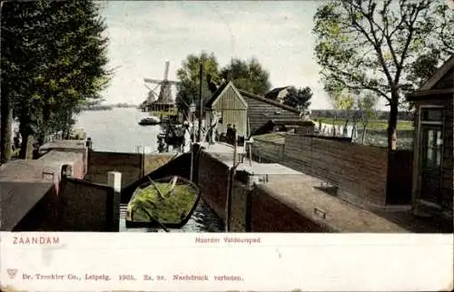 Ak Zaandam Zaanstad Nordholland, Mühlen, Wasserweg, Gebäude, Holzbrücke, ländliche Szenerie