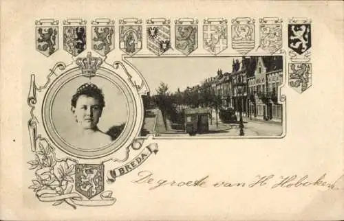 Ak Breda Nordbrabant Niederlande, Porträt einer Frau, Stadtansicht, Wappen, Schriftzug: De gro...