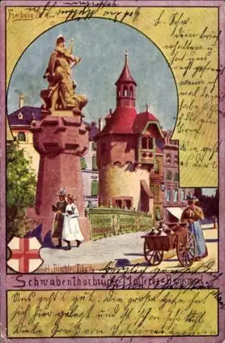 Künstler Ak Dischler, H., Freiburg im Breisgau, Schwabentorbrücke, Martin Malterer Denkmal, Wappen