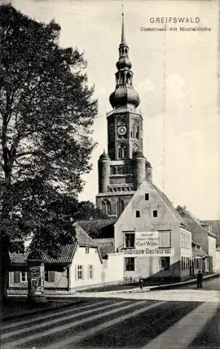 Ak Hansestadt Greifswald, Domstraße mit Nicolaikirche, Carl Wilde, Rubenow Restaurant