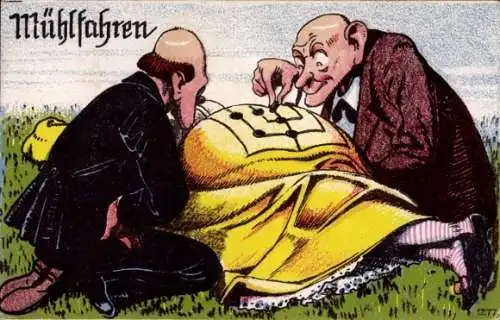 Ak Männer spielen ein Brettspiel auf Po einer Frau, Mühlfahren