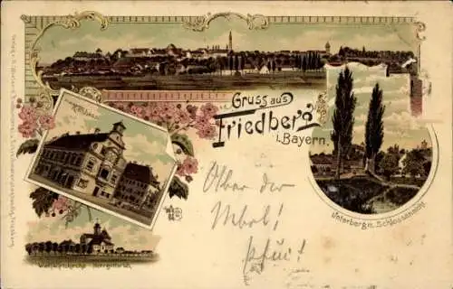 Litho Friedberg in Bayern, Wallfahrtskirche Herrgottsruh, Unterberg, Schloss, Rathaus