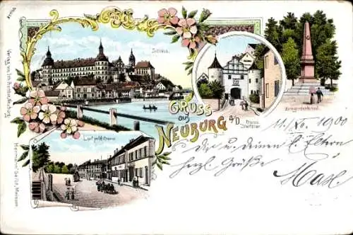 Litho Neuburg an der Donau Oberbayern, Oberes Stadttor, Kriegerdenkmal, Schloss