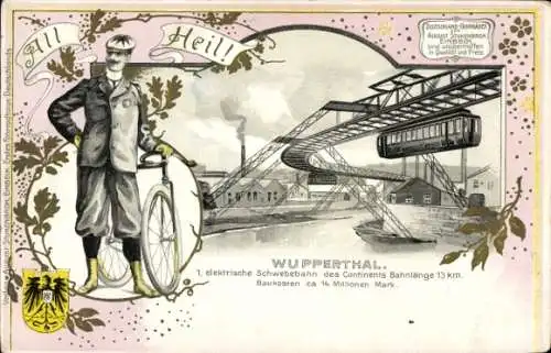 Litho Wuppertal, Vorderseite mit Schwebebahn, Radfahrer, Blumenornament,  alte Schreibweise