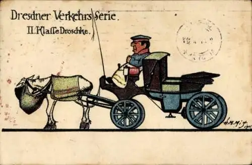 Ak Dresden Altstadt Friedrichstadt, Droschke mit Fahrer, Pferd, farbige Illustration, historis...