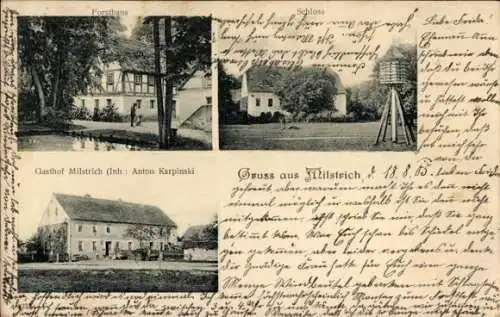 Ak Milstrich Oßling Ossling in der Oberlausitz, Forsthaus, Schloss, Gasthof Anton Karpinski