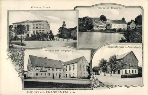 Ak Frankenthal in der Lausitz Sachsen, Kirche, Schule, Gasthof zum Erbgericht, Rittergut, Brauerei