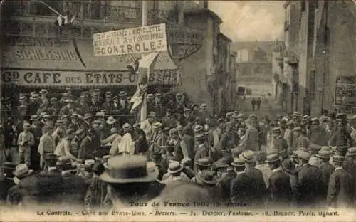 CPA Béziers Hérault, Tour de France 1907, Controle, Cafe des Etats Unis
