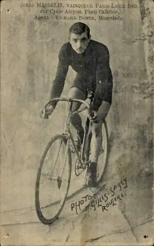 CPA Jules Masselis, vanqueur Paris-Liege 1909, Cycle Alcyon