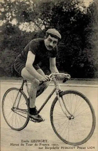 CPA Emile Georget, Heros de Tour de France sur Bicyclette Peugeot Pneus Lion