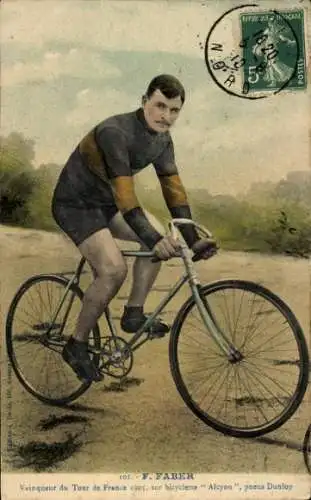 CPA Radrennfahrer F. Faber, Vainqueur du Tour de France 1905, sur bicyclette Alcyon